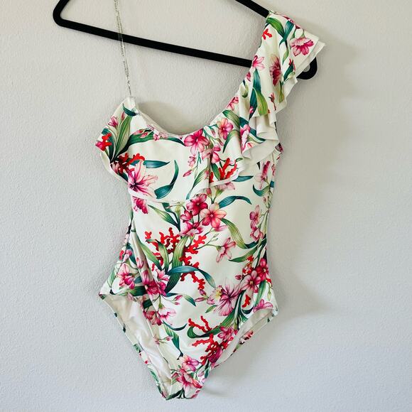 Carmen Marc Valvo Floral Ruffle One Shoulder One Piece Swimsuit (10) - Picture 1 of 10